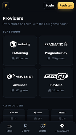 Мобильная страница разработчиков игр казино ForzaBet