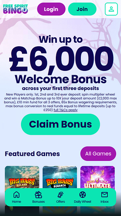 Page d'accueil mobile de Free Spirit Bingo