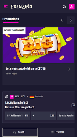 Домашняя страница мобильного казино Frenzino