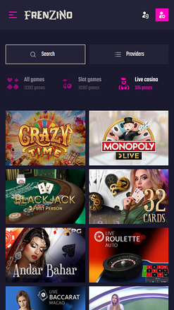 Мобильное казино Frenzino с живым дилером