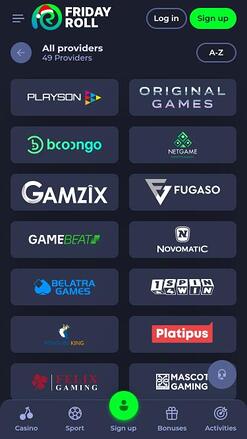 Mobile-Seite der FridayRoll Casino-Spieleentwickler