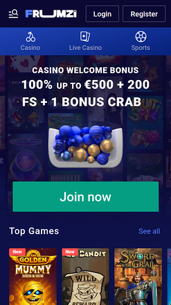 Homepage mobile di Frumzi Casino