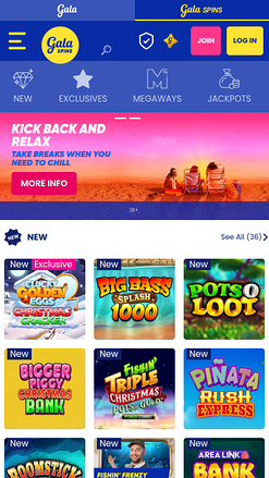 Page d'accueil mobile de Gala Spins