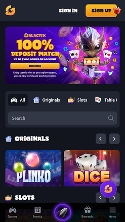 Page d'accueil mobile du casino Galactix