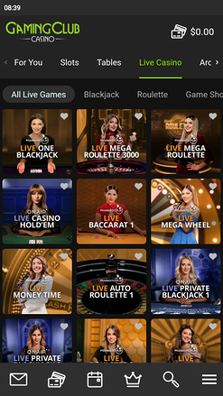 Casino mobile Gaming Club avec croupier en direct