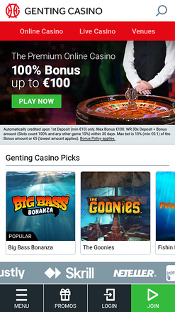 Page d'accueil mobile du casino Genting