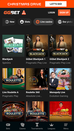 GG.bet Casinò mobile con croupier dal vivo