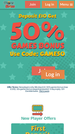 Giant Spins Casino Mobile Homepage
