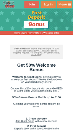 Giant Spins Casino Mobile Promotions