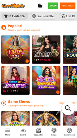 Casino Gioco Digitale Mobile avec Croupier en Direct