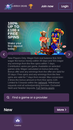 Page d'accueil mobile de Glimmer Casino