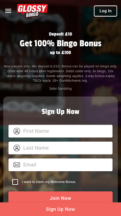 Page d'accueil mobile de Glossy Bingo