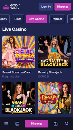 Casino mobile God of Wins avec croupier en direct