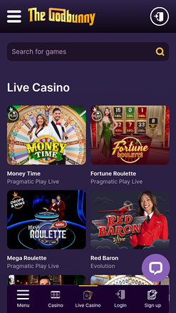Casino móvil GodBunny con crupier en vivo