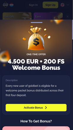 Goldbet.io Casino Mobile Welcome