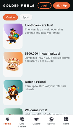 Promotions mobiles du casino Golden Reels