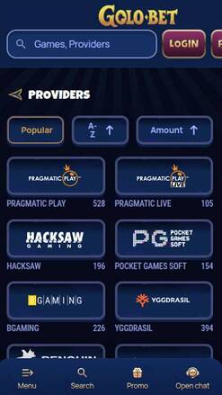 Screenshot della pagina mobile dei provider di Golobet Casino