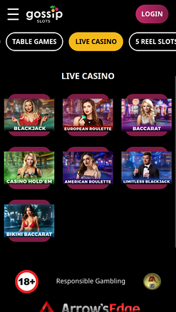 Casino móvil Gossip Slots con crupier en vivo