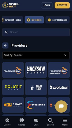 Page mobile des développeurs de jeux de Grailbet Casino