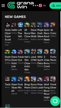 Capture d'écran de la page des jeux mobiles du casino GranaWin