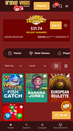 Spécialité mobile du casino Grande Vegas