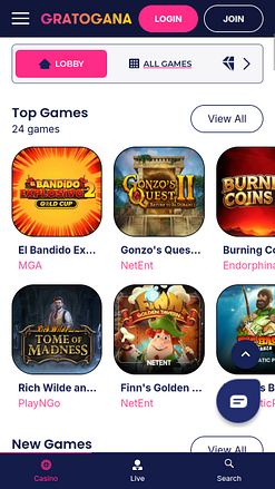 Juegos móviles del casino Gratogana