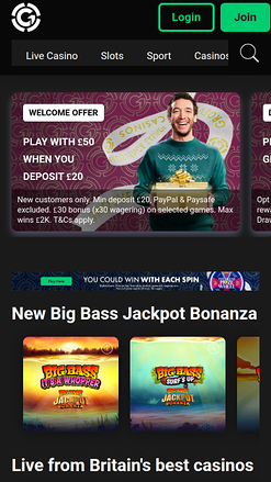 Page d'accueil mobile du casino Grosvenor