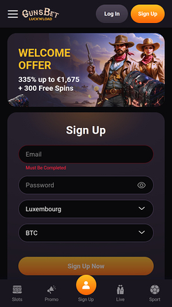 Homepage mobile di Gunsbet Casino