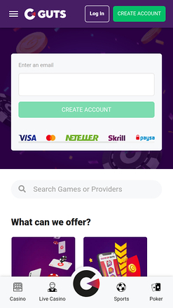 Page d'accueil mobile de Guts Casino