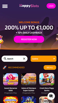 Page d'accueil mobile du casino Happy Slots
