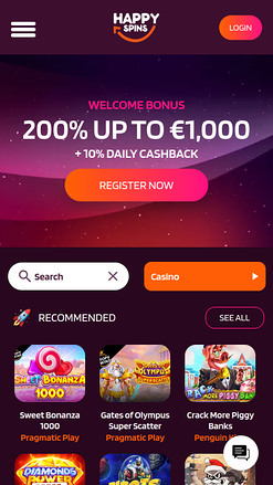 Page d'accueil mobile du casino Happy Spins