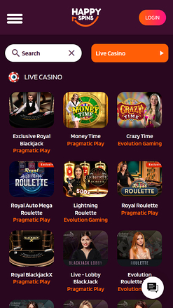 Happy Spins Casino Mobile avec croupier en direct