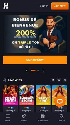 Page d’accueil du casino Herake version mobile