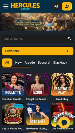 Capture d'écran de la page mobile en direct du casino Hercules