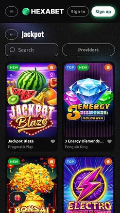 Hexabet Casino Джекпот Мобильная версия