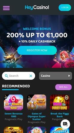 Page d'accueil Hey Casino Mobile