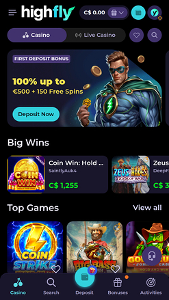 Page d'accueil mobile du casino High Fly Bet
