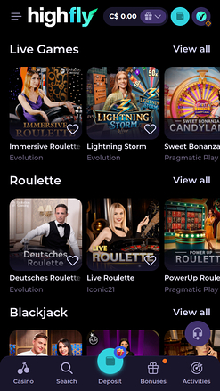 Casino mobile High Fly Bet avec croupiers en direct