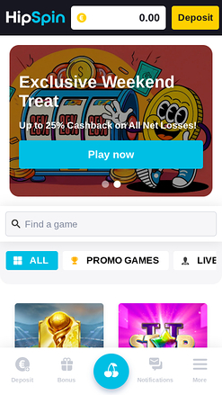 Página principal móvil del casino Hip Spin
