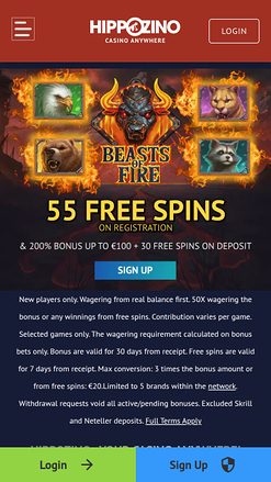 Page d'accueil mobile du casino Hippozino