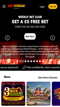 Page d'accueil mobile de Hot Streak Casino