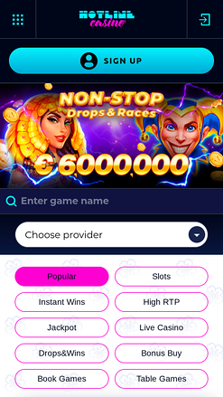 Page d'accueil mobile du casino Hotline