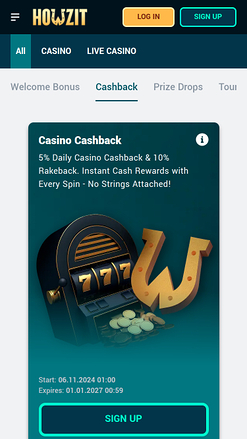 Cashback mobile du casino Howzit