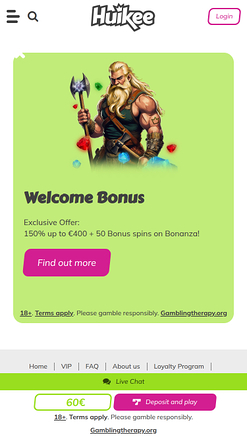 Promotions mobiles du casino Huikee