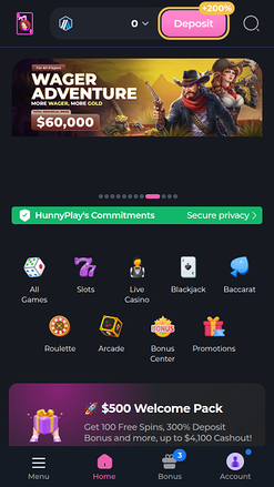 Page d'accueil mobile du casino Hunnyplay