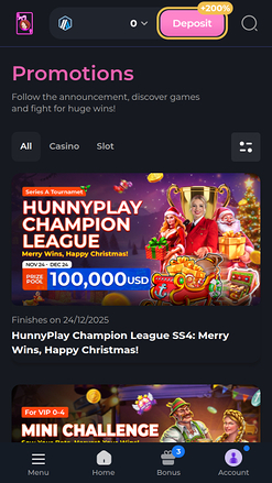 Promotions mobiles du casino Hunnyplay