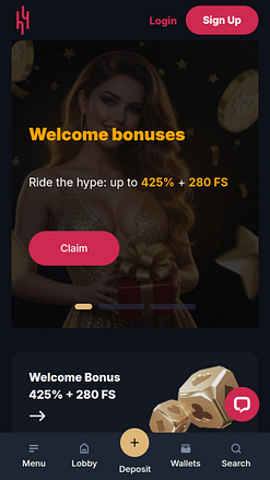 Page d'accueil mobile de Hype Casino