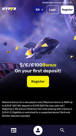 Homepage mobile di Hyper Casino