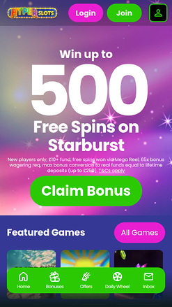 Homepage mobile di Hyper Slots Casino