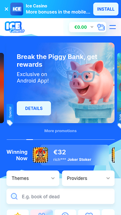 Page d'accueil mobile d'Ice Casino